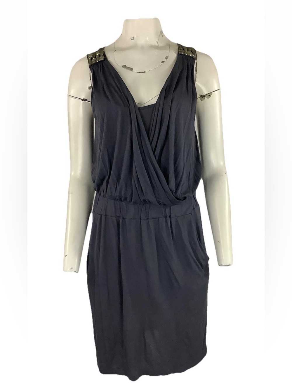 Loft Sz S Jeweled Detail Draped Casual Party Club Pullover Dress Gray Rayon